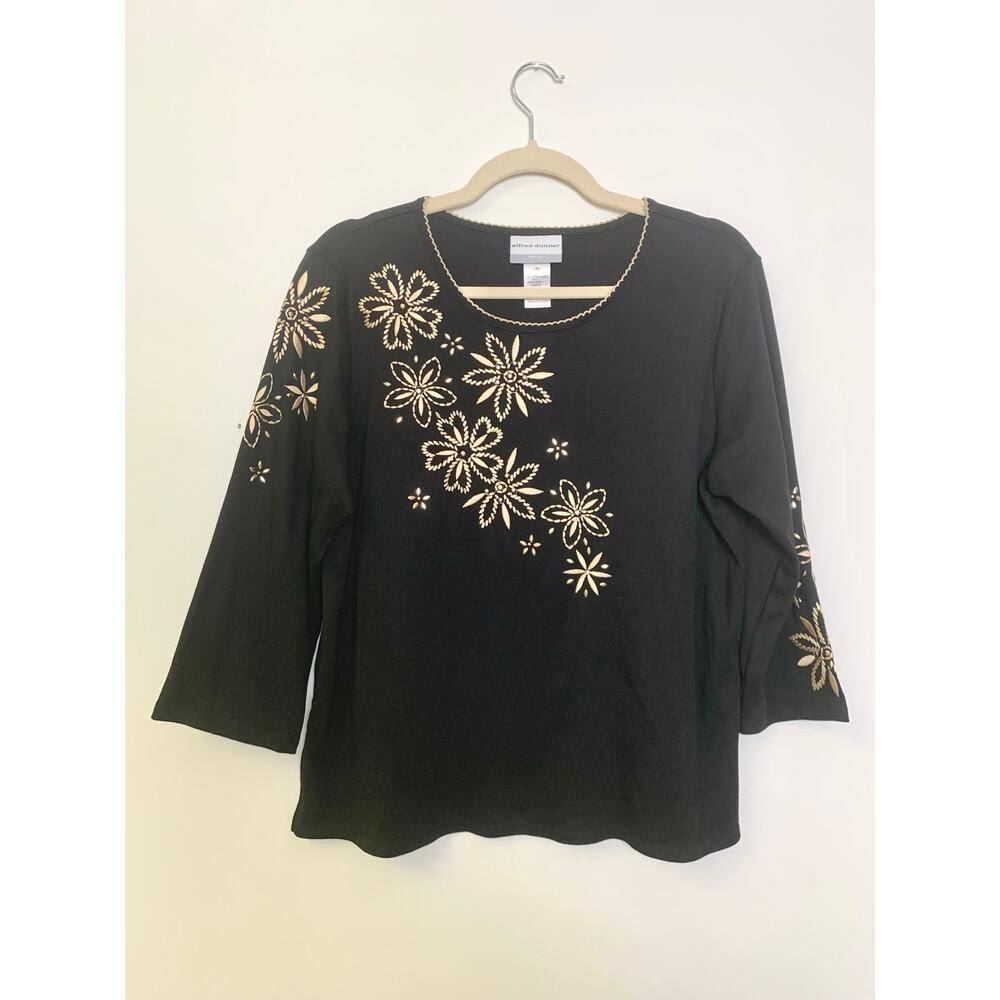 Alfred Dunner Womens Petite PM Black Gold Floral Embroidered Stitch Top Feminine